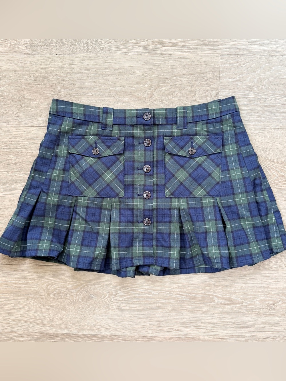 American Eagle Navy Green Pleated Plaid Mini Skirt, 14 Long